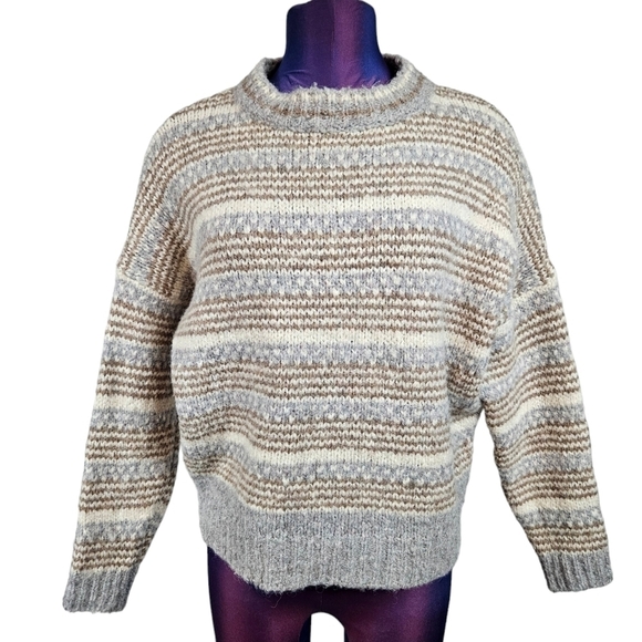 Elsamanda Neutral‎ Chunky Knit Striped Boho Sweater Size Medium Women's K49 - Picture 9 of 9